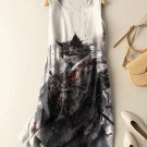 Women's Japanese Cat Samurai Ink Painting Print Cotton And Linen Midi Dress