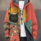 Men's Black Cat Astronaut Color Block Art Print Hooded Trench Coat
