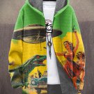 Men's European Woman Shooting Dinosaur UFO Color Block Art Print Hooded Trench Coat