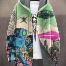 Men's Future Sci-Fi Robot Laser UFO Art Print Hooded Trench Coat