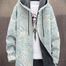 Men's Japanese Art Wave Pattern All Over Print Retro Hooded Trench Coat