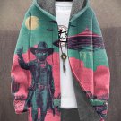 Men's Western Desert Cowboy Cat And UFO Art Print Hooded Trench Coat