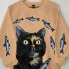 Women's Black Cat and Fish Graphic Print Casual Sweatshirt
