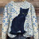 Women's Black Cat And Flower All Over Print Casual Sweatshirt