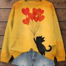 Women's Black Cat And Love Balloon Pattern Casual Sweatshirt
