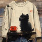 Women's Black Cat And Tea Vintage Japanese Art Print Casual Sweatshirt