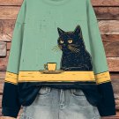 Women's Black Cat Chilling Coffee Art Print Sweatshirt