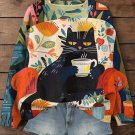 Women's Black Cat Coffee Time Print Casual Sweatshirt
