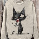 Women's Black Cat Drinking Red Wine Print Casual Sweatshirt