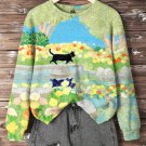 Women's Black Cat Walking On Garden Path Spring Art Print Casual Sweatshirt
