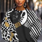 Women's Black Woman Black Gold Flower Stripes Art Print Casual Sweatshirt
