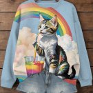 Women's Cat And Rainbow Print Cozy Sweatshirt