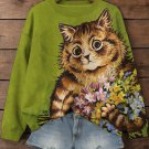 Women's Cat Holding Flowers Art Print Casual Sweatshirt