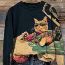 Women's Cat Pilot Fantasy Art Print Casual Sweatshirt