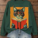 Women's Cat Reading Enthusiast Print Sweatshirt