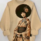 Women's Elegant Black Woman Wearing Japanese Kimono Art Print Casual Sweatshirt