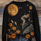 Women's Floral Cat Moon Felt Embroidery Art Print Casual Sweatshirt