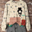 Women's Funny Cat Flowers Art Print Casual Sweatshirt
