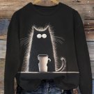 Women's Furry Black Cat Holding Coffee Print Casual Sweatshirt