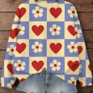 Women's Heart And Flower Color Matching Plaid Art Print Casual Sweatshirt