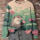 Women's Japan Otter Lotus Pond Tea Drinking Art Casual Sweatshirt