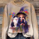 Women's Magic Girl And Cat Art Print Casual Sweatshirt