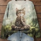Women's Meditation Cat Art Print Casual Sweatshirt