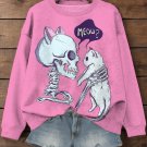 Women's Meow Cat and Skull Art Print Cozy Sweatshirt