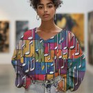 Women's Music Note Colorblock Print Casual V Neck Sweatshirt