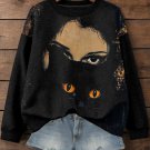 Women's Mysterious Woman And Black Cat Art Print Casual Sweatshirt