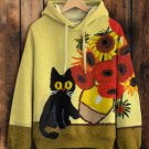 Women's Naughty Cat And Sunflower Print Hooded Sweatshirt