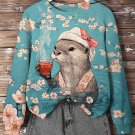 Women's Otter Drinks Hot Tea In Hot Springs Print Casual Sweatshirt
