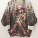Women's Pink Western Cowgirl Skeleton Drinking Wine Flowers Art Print Casual Sweatshirt