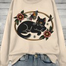 Women's Retro Floral Black Cat Old School Art Print Cozy Sweatshirt