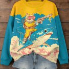 Women's Shark And Cat Fighting Together Color Block Art Print Casual Sweatshirt