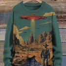 Women's Western Cowboy Meets UFO Art Print Casual Sweatshirt