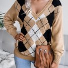 Women's Diamond Pattern V Neck Long Sleeve Casual Sweater