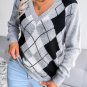 Women's Diamond Pattern V Neck Long Sleeve Casual Sweater