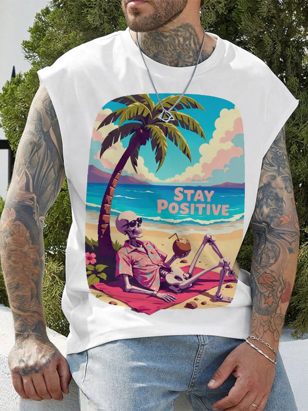 Men's Stay Positive Skeleton Beach Resort Art Print Tank Top