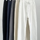 Men's Casual Solid Slant Pocket Elastic Waist Drawstring Straight-Leg Cotton Pants