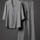 Men's Plain Linen Casual Top Drawstring Pants Matching Set