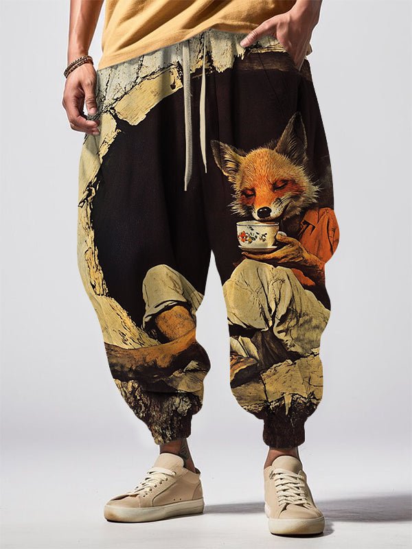 Men's Fox Drinking Tea In The Forest Print Loose Drawstring Waist Sweatpants