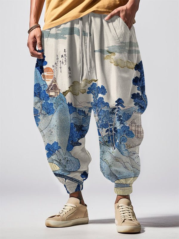 Men's Japanese Landscape Art Print Loose Drawstring Waist Sweatpants