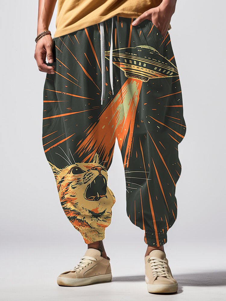 Men's Retro Cat Meets UFO Future Art Print Loose Drawstring Waist Sweatpants