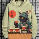 Men's Black Cat Tasting Tea Japanese Tea Ceremony Art Print Hooded Sweatshirt