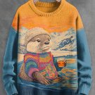 Men's Rainbow Sweater Otter Drinking Wine Glacier Art Print Knit Sweatshirt