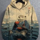 Men's River Kimono Otter Tasting Tea Japanese Art Print Hooded Zip Up Jacket