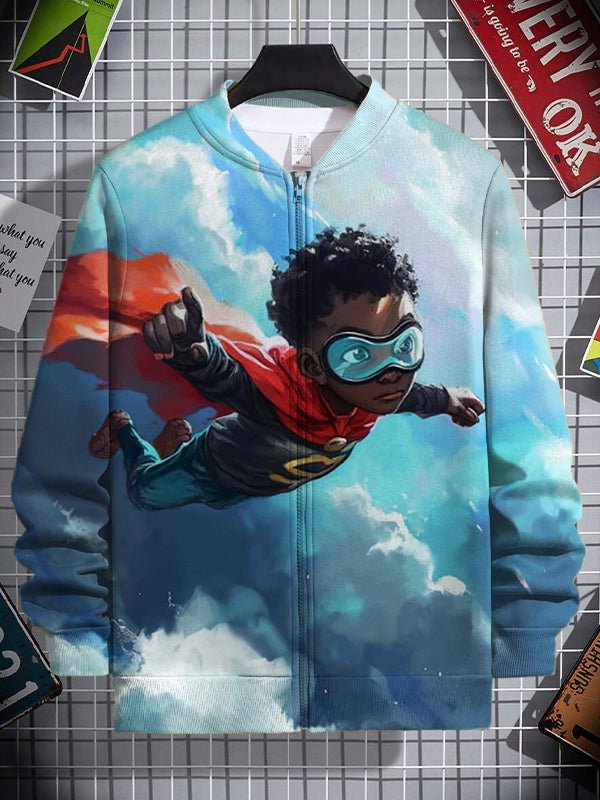 Men's Super Hero Black Boy Art Print Casual Zip Up Jacket