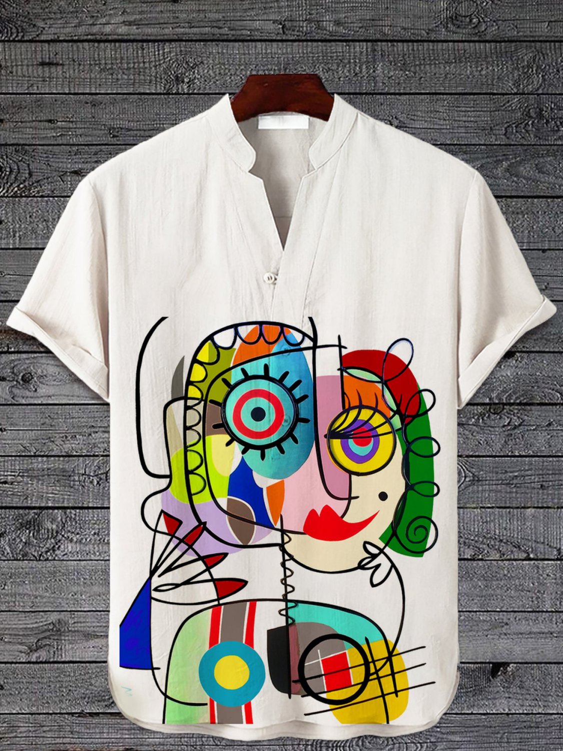 Men's Abstract Line Contrast Color Print Half Button Short Sleeve Shirt