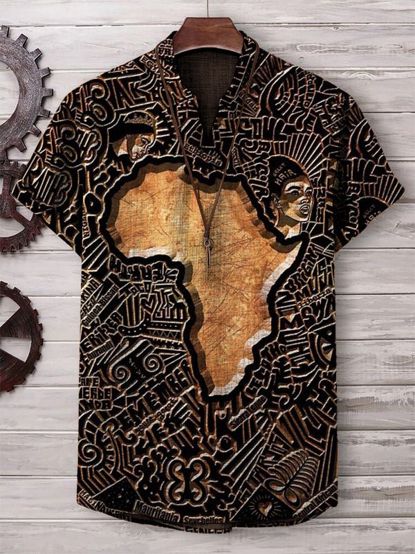 Men's Africa Map Engraving Art Print Linen Blend V Neck T-Shirt